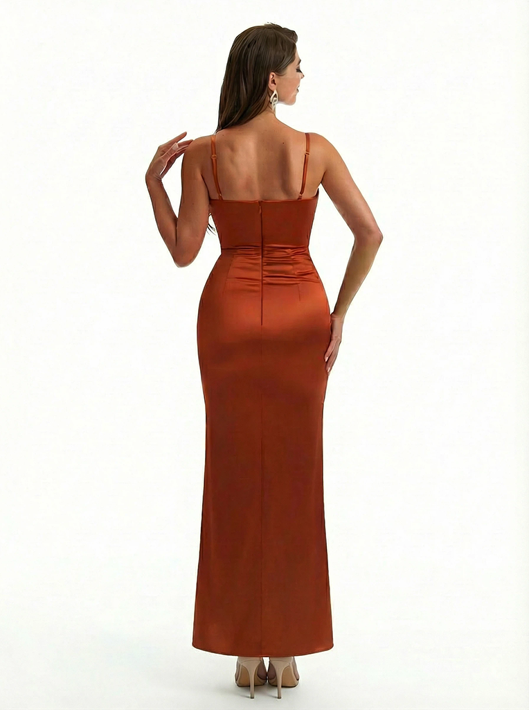 Elegant Mermaid Ruched Satin Long Formal Evening Dresses For Women Spaghetti Straps Side Slit