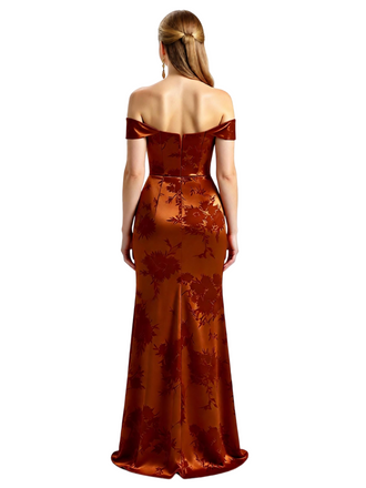 Simple Off Shoulder Side Slit Mermaid Long Satin Floral Formal Evening Dresses For Ladies