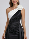 Elegant Black And White Satin One Shoulder A-Line Long Mother Of The Bride Dresses