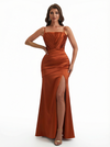 Elegant Mermaid Ruched Satin Long Formal Evening Dresses For Women Spaghetti Straps Side Slit