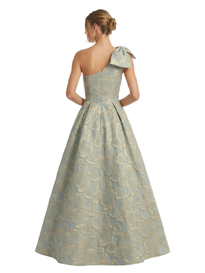 ChicSew Elegant Floral Jacquard One Shoulder Ruched Bow Knot Long Formal Evening Dresses