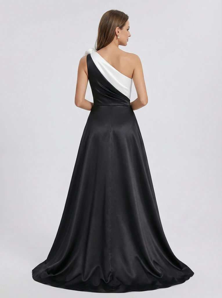 Elegant Black And White Satin One Shoulder A-Line Long Mother Of The Bride Dresses
