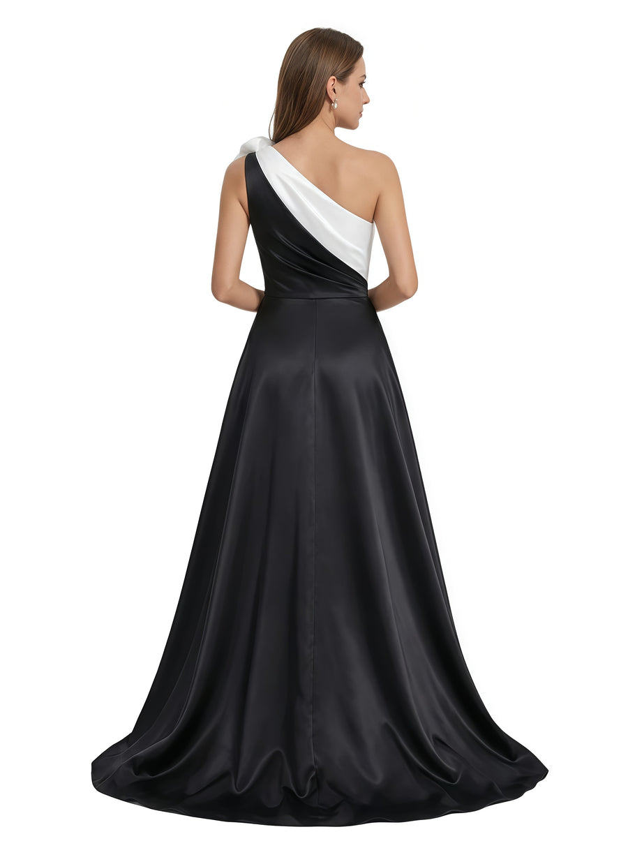 Elegant Black And White Satin One Shoulder A-Line Long Mother Of The Bride Dresses OverSkirt
