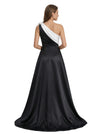 Elegant Black And White Satin One Shoulder A-Line Long Mother Of The Bride Dresses OverSkirt
