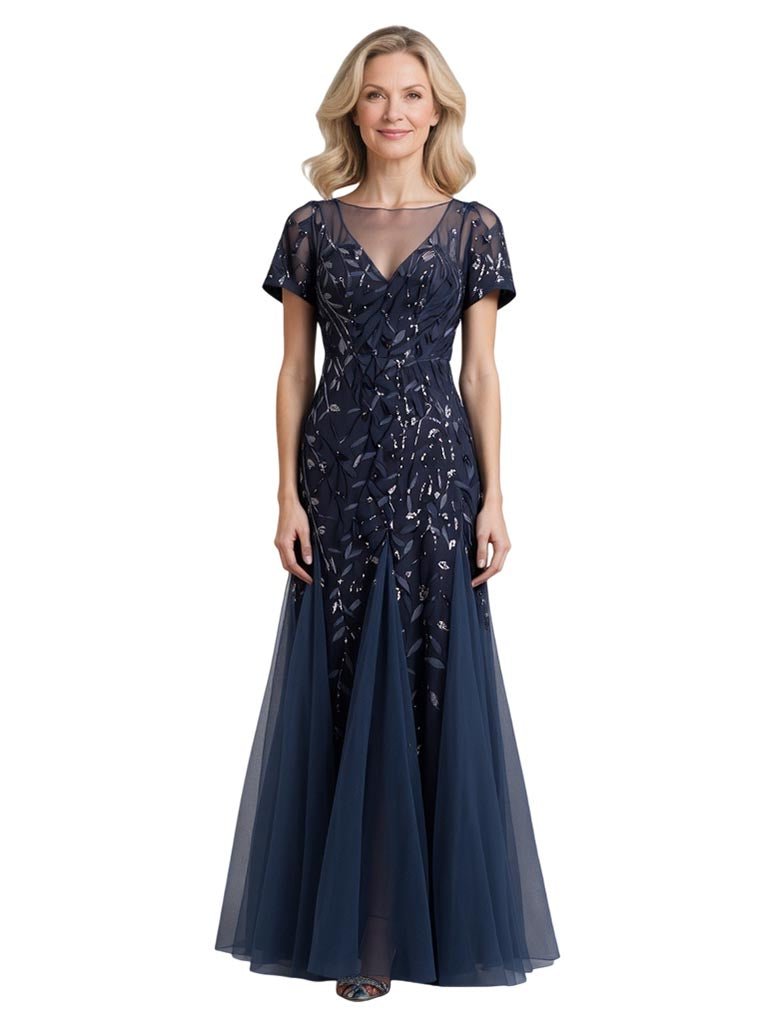 Elegant Chiffon Jewel Short Sleeves A-Line Mother of The Bride Dresses