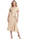 Elegant Short Sleeves Soft Satin Sheath Midi Mother of The Bride Dresses For Wedding