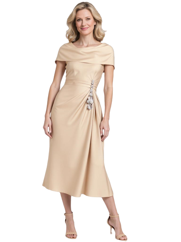 Elegant Short Sleeves Soft Satin Sheath Midi Mother of The Bride Dresses For Wedding