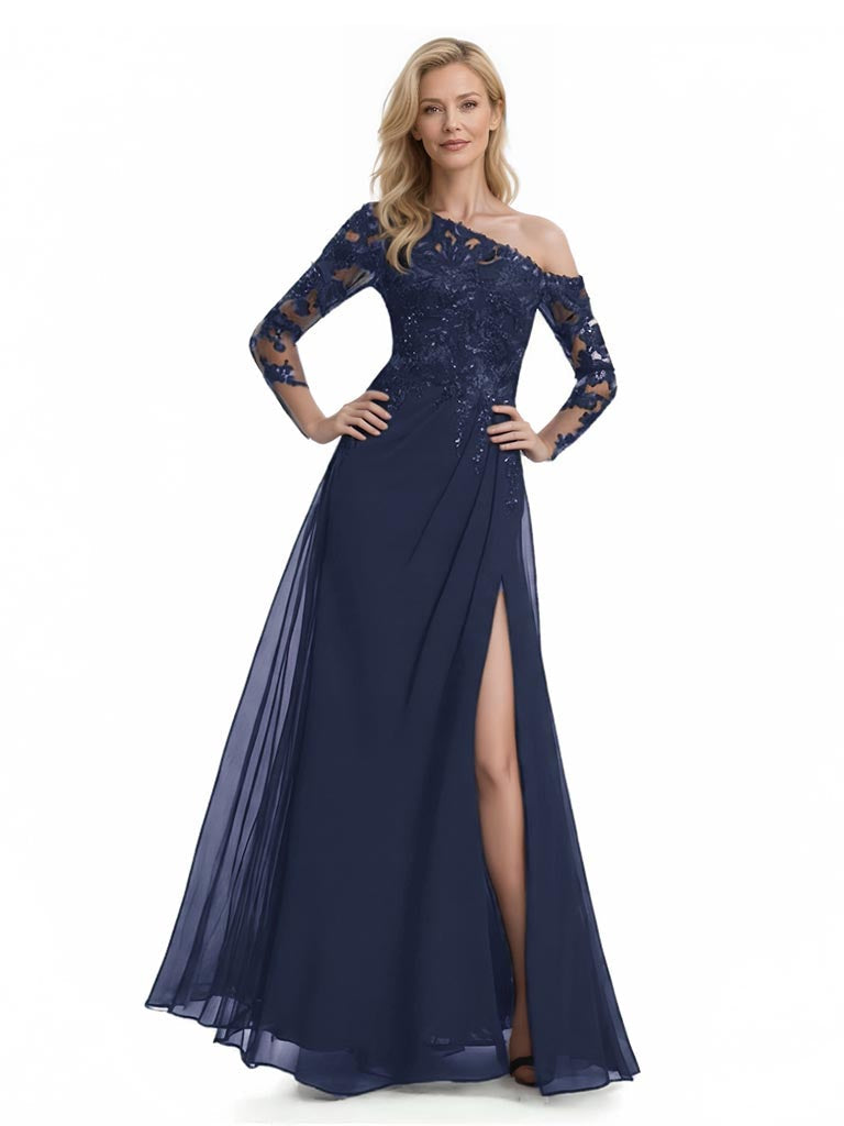 Elegant Lace Long Sleeves Asymmetrical Chiffon Side Split A-Line Mother Of The Bride Dresses - ChicSew Elegant Lace Long Sleeves Asymmetrical Chiffon Side Split A-Line Mother Of The Bride Dresses - ChicSew