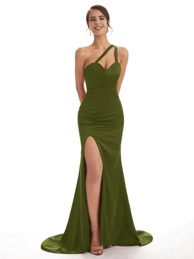 Sexy One Shoulder Soft Satin Spaghetti Strap Side Slit Mermaid Long Bridesmaid Dresses In Stock