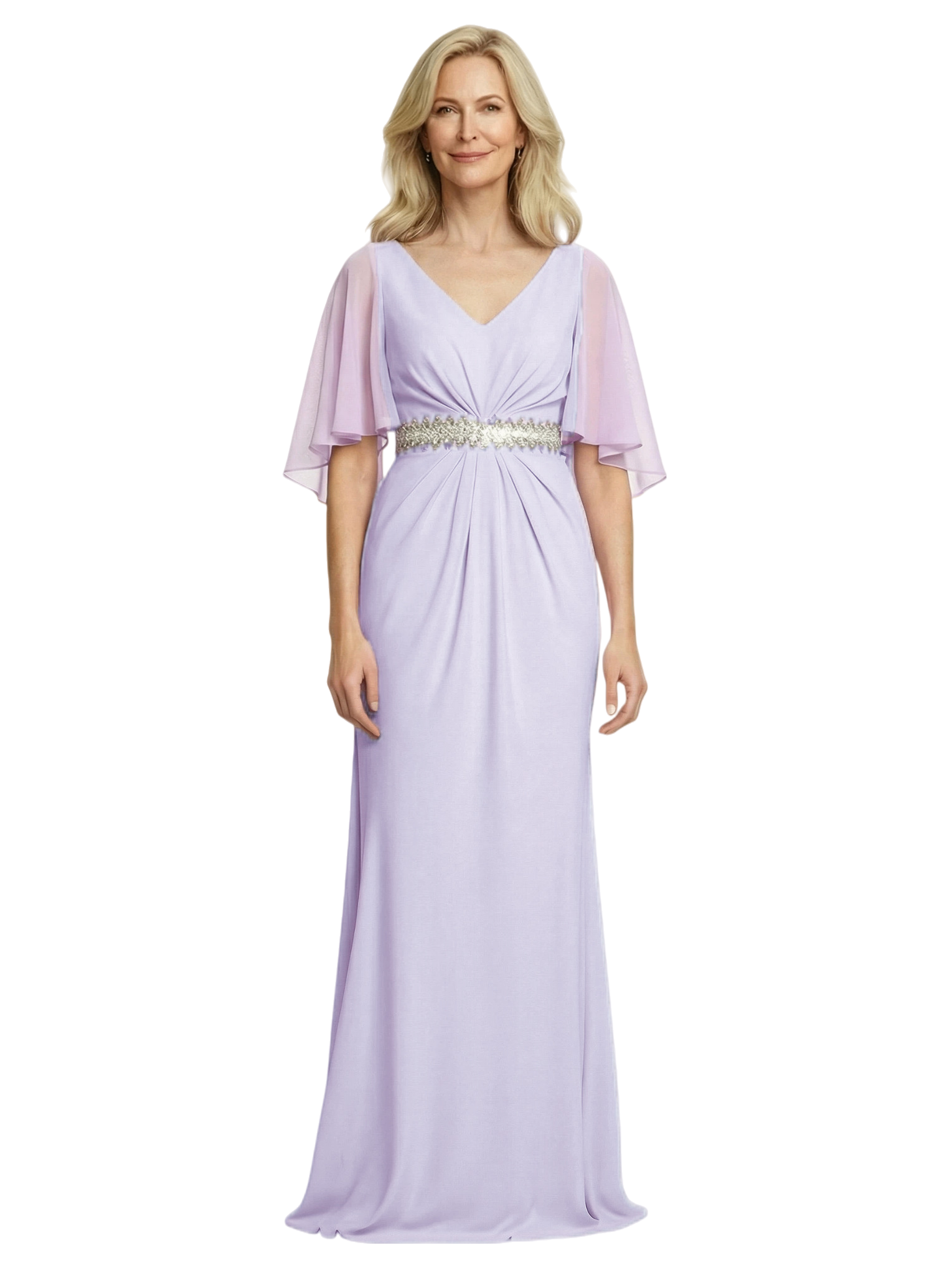 Elegant V-Neck bell Sleeves Chiffon Long Mother of The Bride Dresses