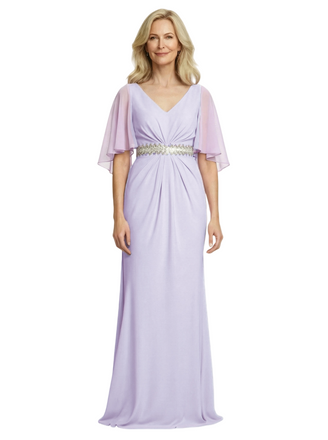 Elegant V-Neck bell Sleeves Chiffon Long Mother of The Bride Dresses
