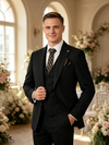 Classic 3 Piece Black Men's Suit with Regular Fit and Sophisticated Peak Lapel