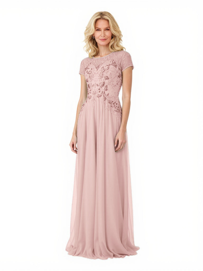Elegant Chiffon A-Line Short Sleeves Lace Applique Long Mother of The Bride Dresses - ChicSew Elegant Chiffon A-Line Short Sleeves Lace Applique Long Mother of The Bride Dresses - ChicSew