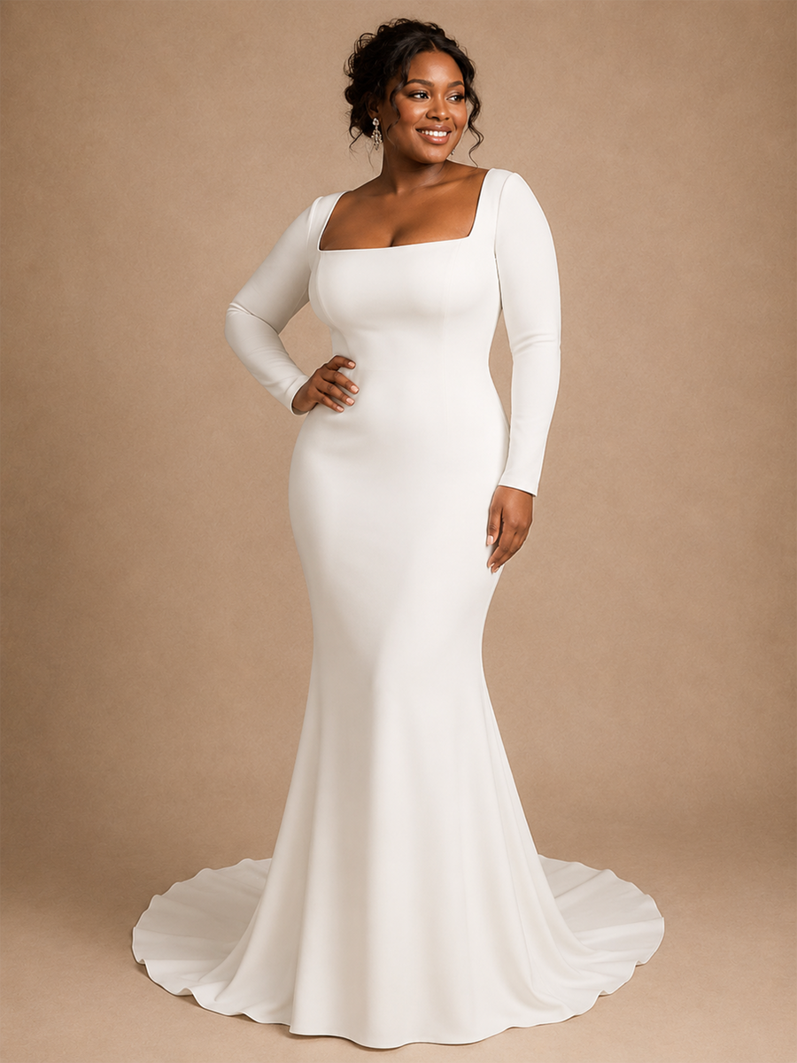 ChicSew Elegant Square Neck Long Sleeves Mermaid Crepe Floor-Length Wedding Dress