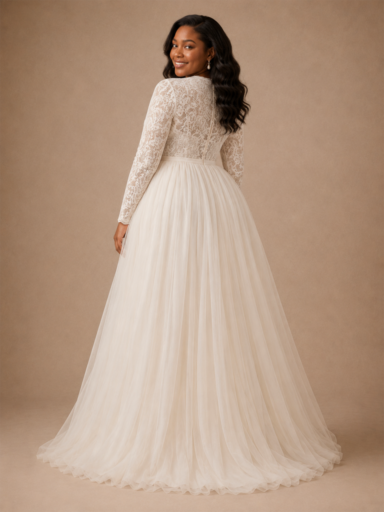 ChicSew Elegant Jewel Long Sleeves A-Line Lace Appliques Tulle Maxi Wedding Dress