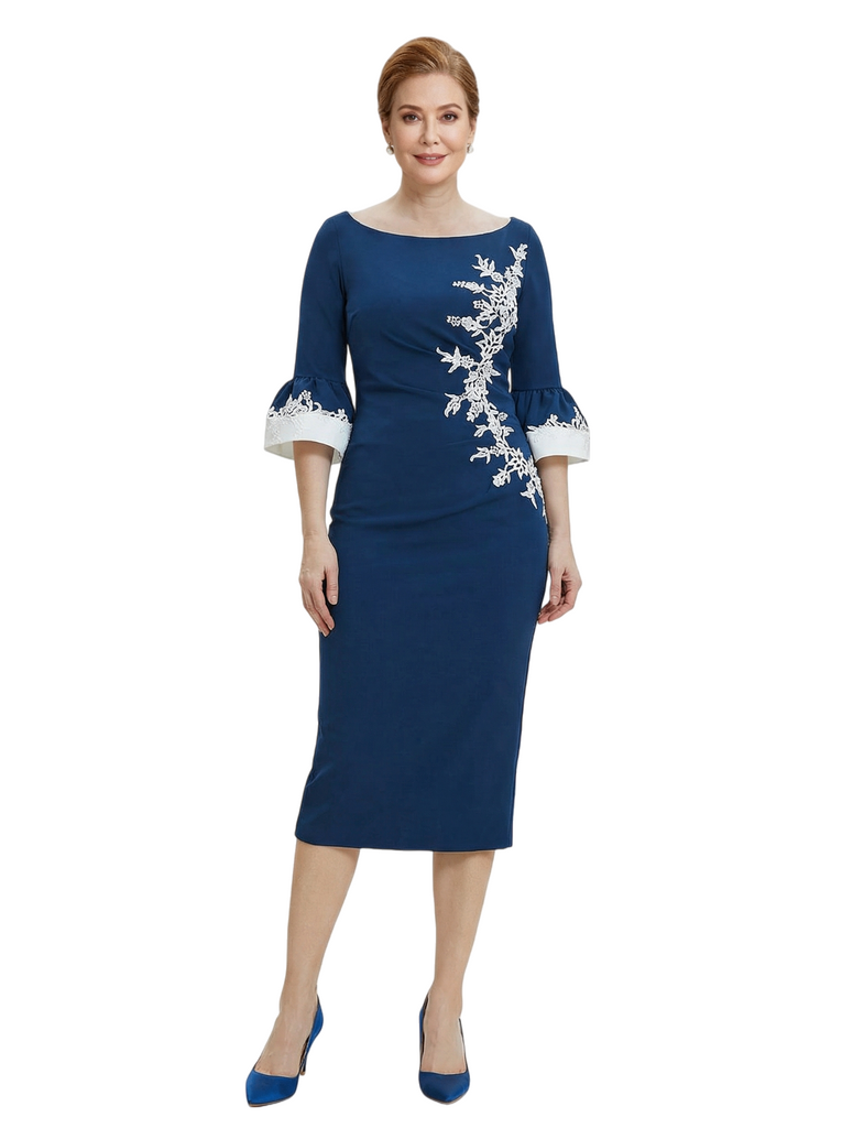 Chicsew Scoop 3/4 Sleeve Sheath Midi Length Stretch Crepe Lace Applique Classy Mother Of The Bride And Groom Dresses