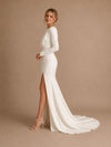 ChicSew Elegant Classy Mermaid Jewel Long Sleeves Crepe Ruched Side Slit Long Wedding Dress