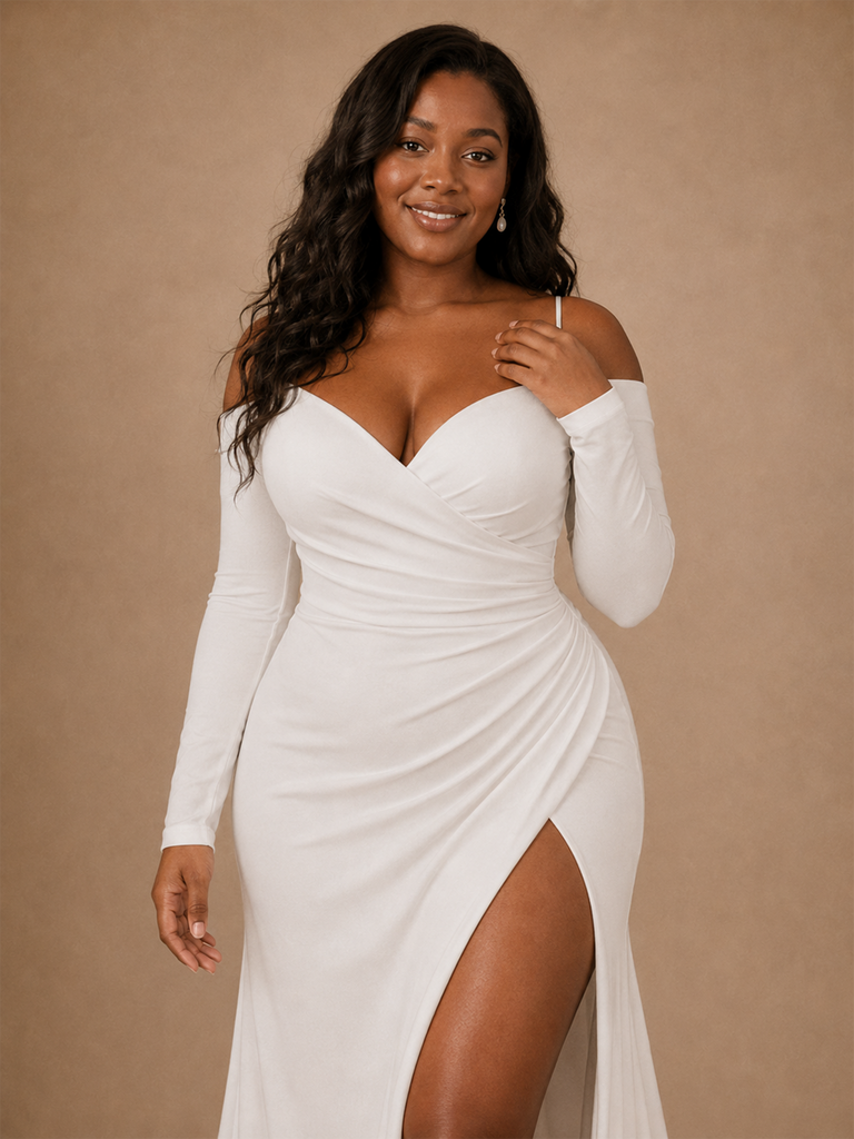 ChicSew Unique Crepe V-Neck Long Sleeves Mermaid Side Slit Ruched Maxi Wedding Dress