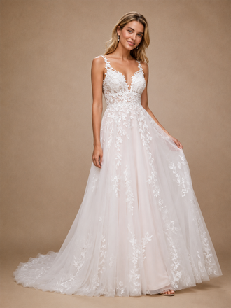 ChicSew Classy Spaghetti Straps V-Neck Lace Tulle A-Line Long Wedding Dress