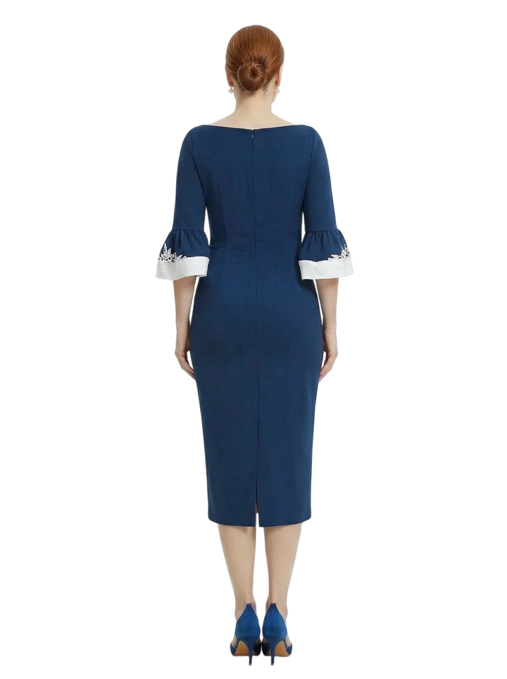 Chicsew Scoop 3/4 Sleeve Sheath Midi Length Stretch Crepe Lace Applique Classy Mother Of The Bride And Groom Dresses