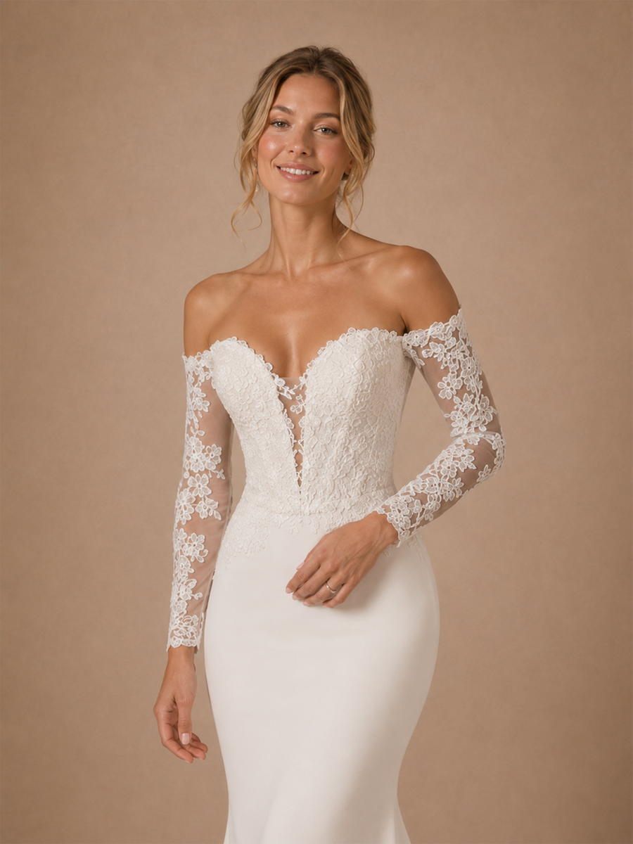 ChicSew Classy Sweetheart Lace 3/4 Sleeves Mermaid Crepe Floor-Length Wedding Dress