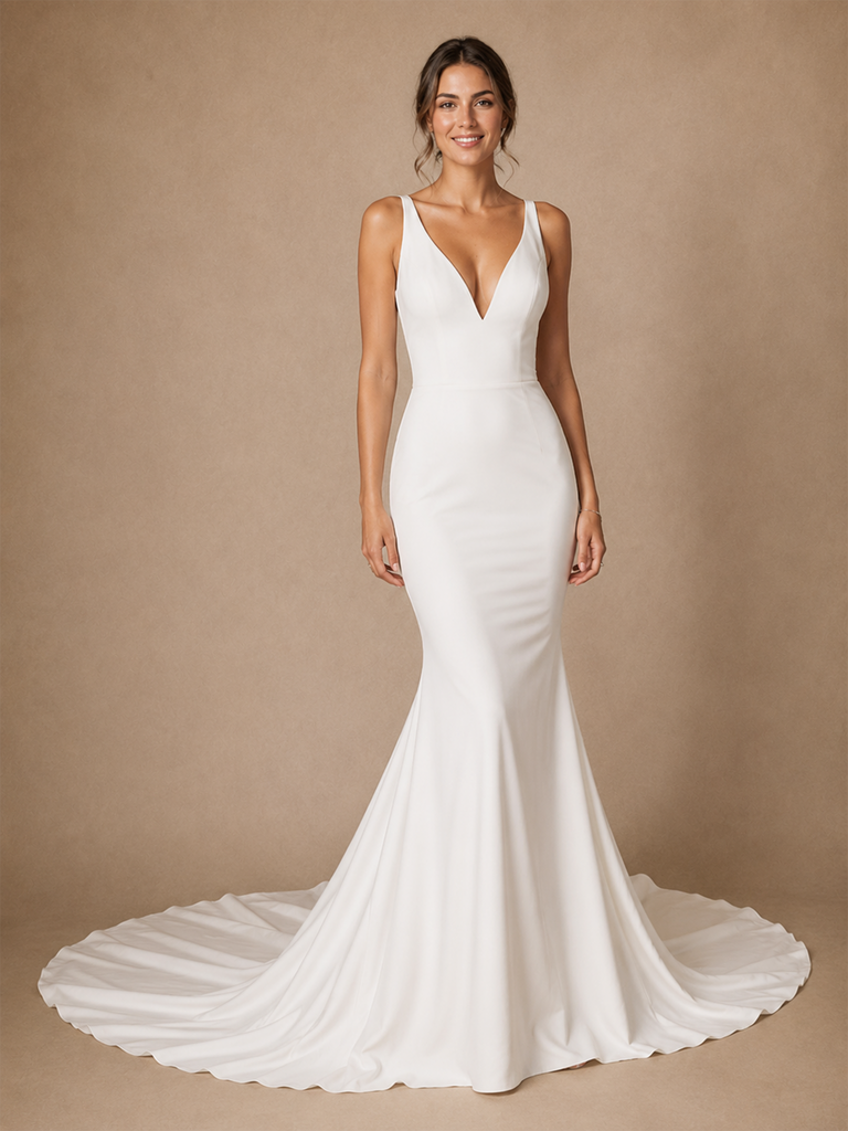 ChicSew Sexy V-Neck Crepe Spaghetti Straps Mermaid Floor-Length Wedding Dress