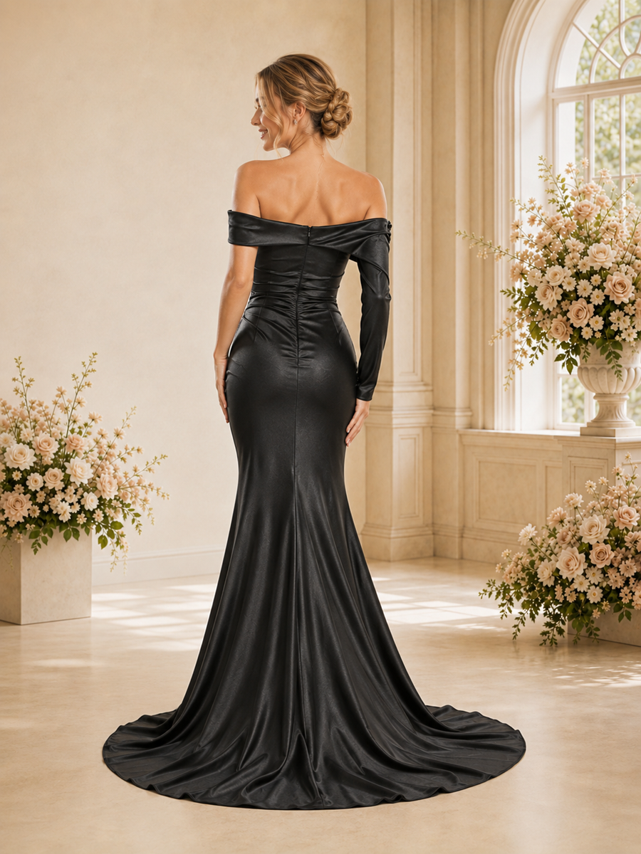 ChicSew Black Off Shoulder Ruching Stain Beading Long Mermaid Wedding Dresses