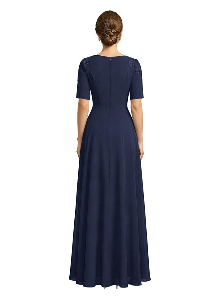 Elegant V-neck Half Sleeves Chiffon A-line Long Mother of The Bride Dresses