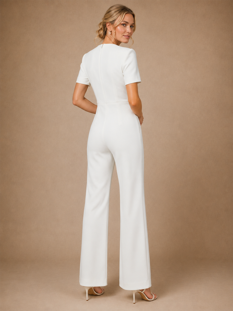 ChicSew Modern Unique Short Sleeves Crepe Floor-Length Wedding Jumpsuit