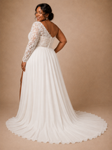 ChicSew Modern Asymmetric Long Sleeve Side Slit A-Line Lace Chiffon Wedding Dress