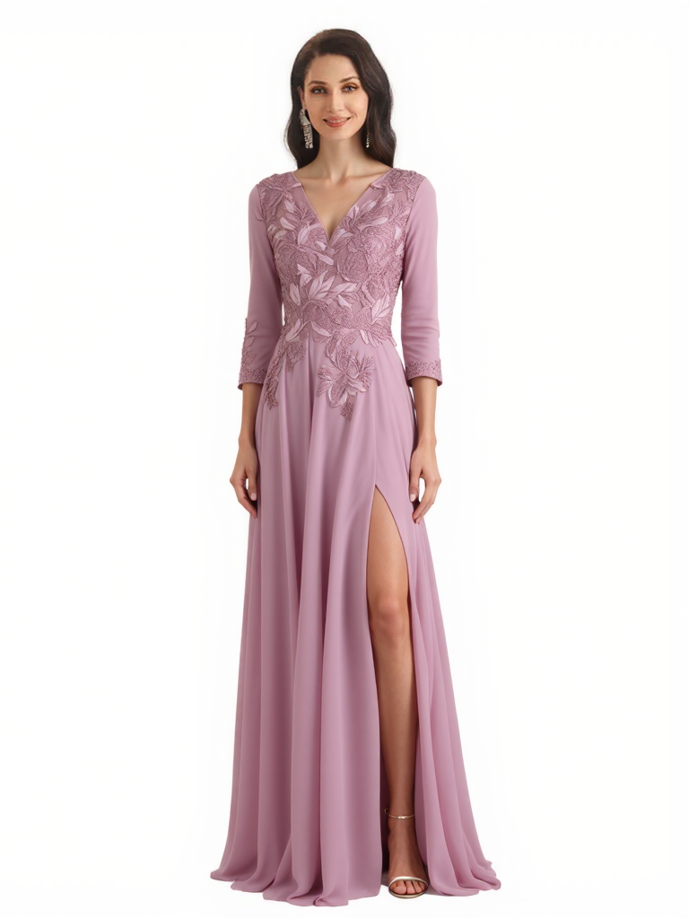 Elegant V-Neck Side Slit Applique 3/4 Sleeves A-Line Chiffon Mother Of The Bride Dresses