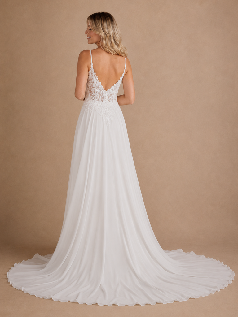 ChicSew Classy Spaghetti Straps Sleeveless Lace Chiffon A-Line Maxi Long Wedding Dress