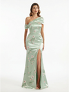 Elegant Asymmetrical Side Slit Mermaid Long Satin Floral Formal Dresses For Women
