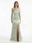 Elegant Asymmetrical Side Slit Mermaid Long Satin Floral Formal Dresses For Women