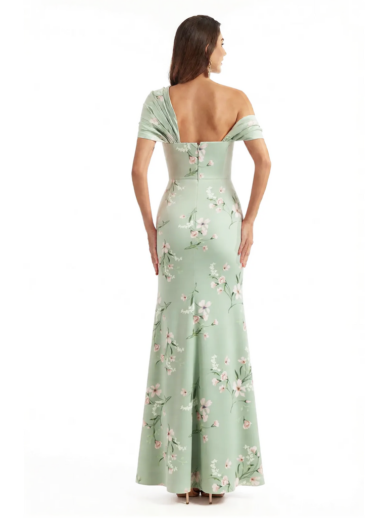 Elegant Asymmetrical Side Slit Mermaid Long Satin Floral Formal Dresses For Women