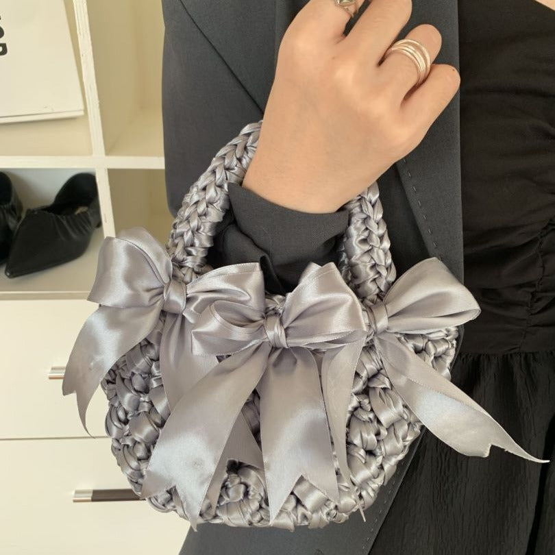 satin basket bucket bag bow woven handbag fashionable versatile single shoulder woven bag