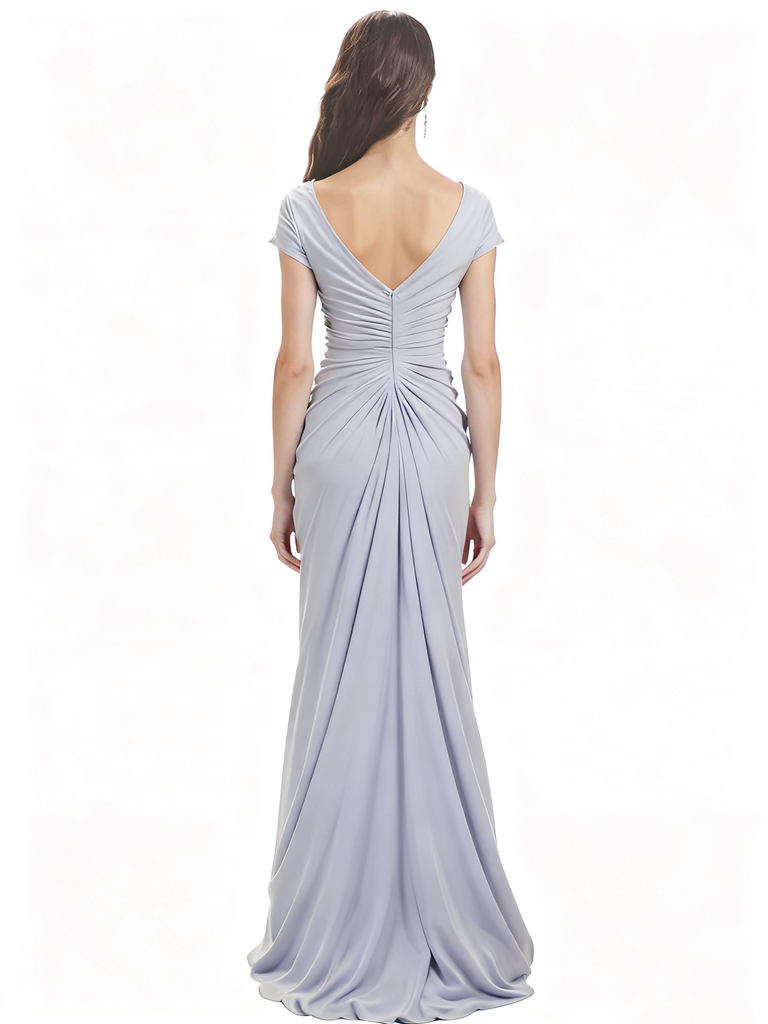 Elegant Short Sleeves Mermaid Crepe Long Mum Dress For Wedding Side Slit With Rhinestone