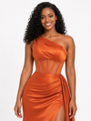 ChicSew Sexy One Shoulder Boning Side Slit Ruched Mermaid Soft Satin Long Bridesmaid Dresses