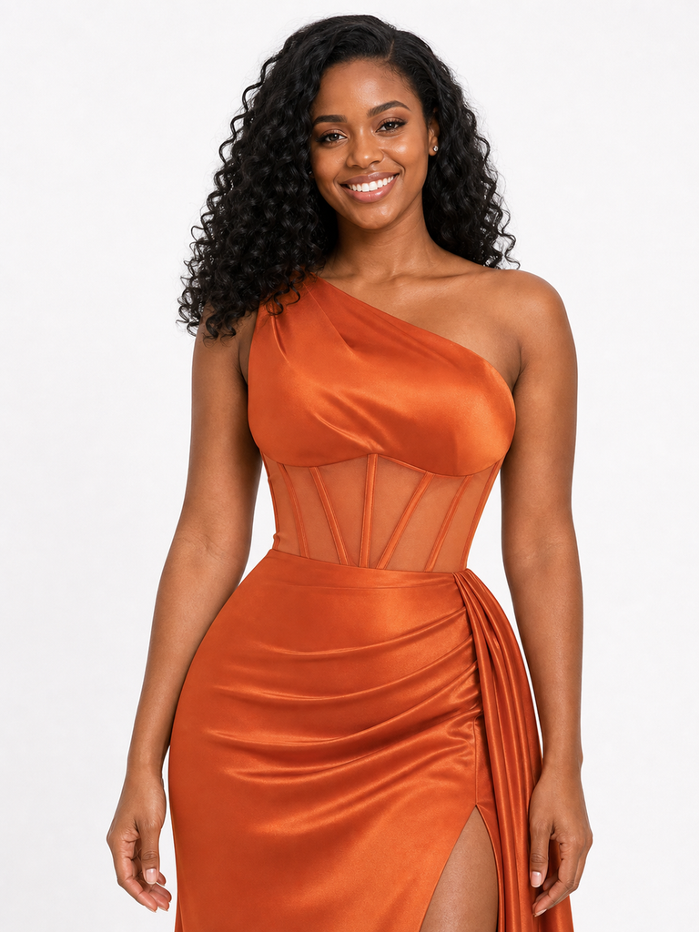 ChicSew Sexy One Shoulder Boning Side Slit Ruched Mermaid Soft Satin Long Bridesmaid Dresses