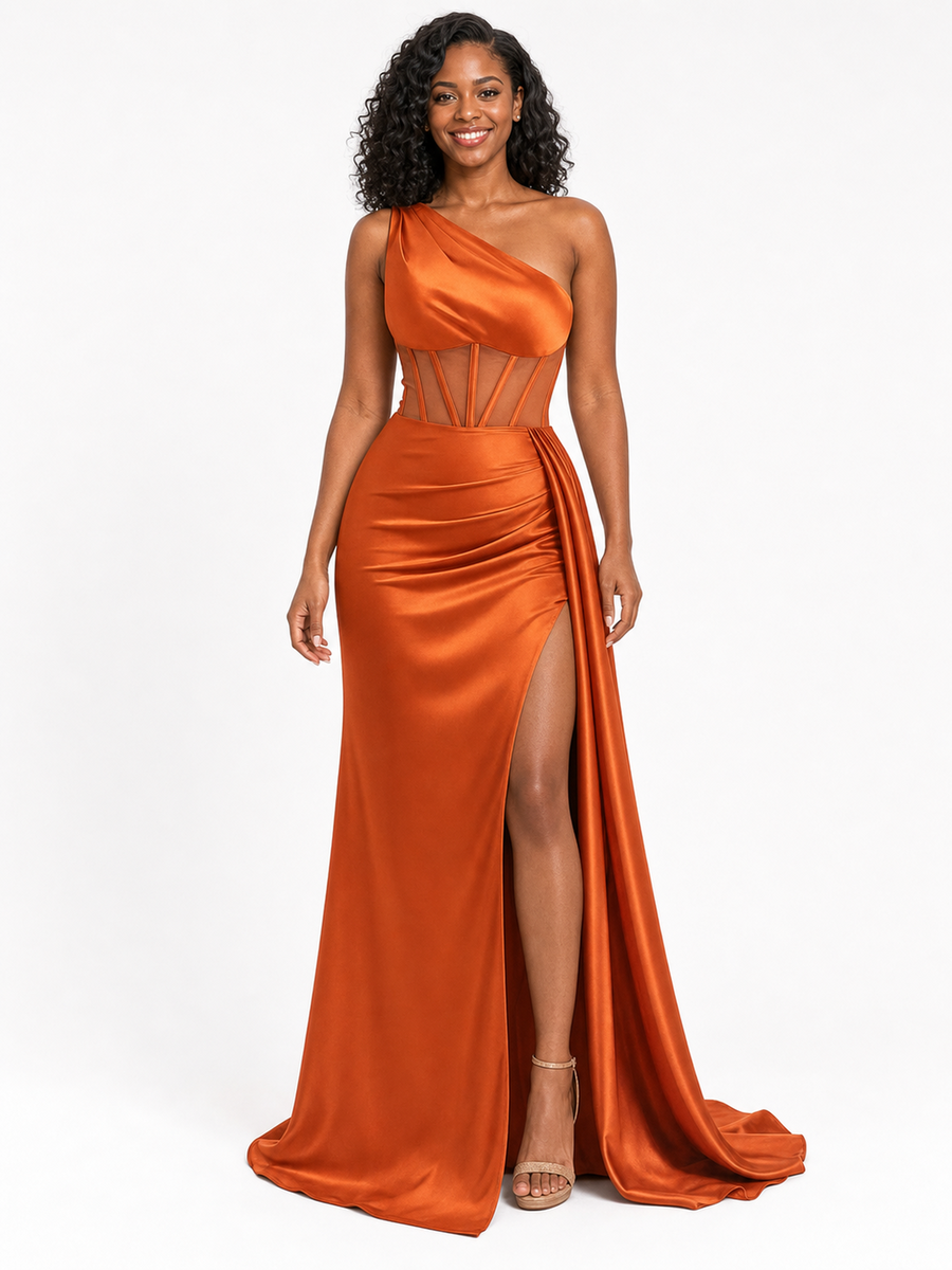 ChicSew Sexy One Shoulder Boning Side Slit Ruched Mermaid Soft Satin Long Bridesmaid Dresses