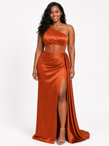 ChicSew Sexy One Shoulder Boning Side Slit Ruched Mermaid Soft Satin Long Bridesmaid Dresses