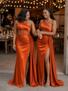 ChicSew Sexy One Shoulder Boning Side Slit Ruched Mermaid Soft Satin Long Bridesmaid Dresses
