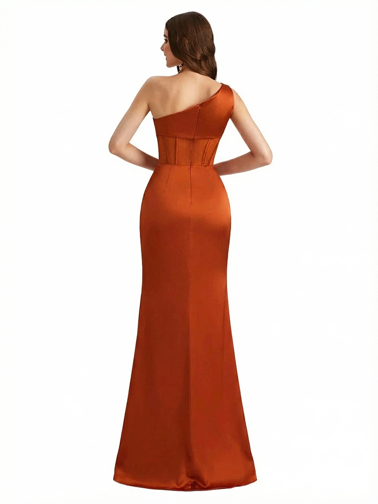 Sexy One Shoulder Mermaid Side Slit Boning Silky Satin Floor Length Evening Formal Dresses
