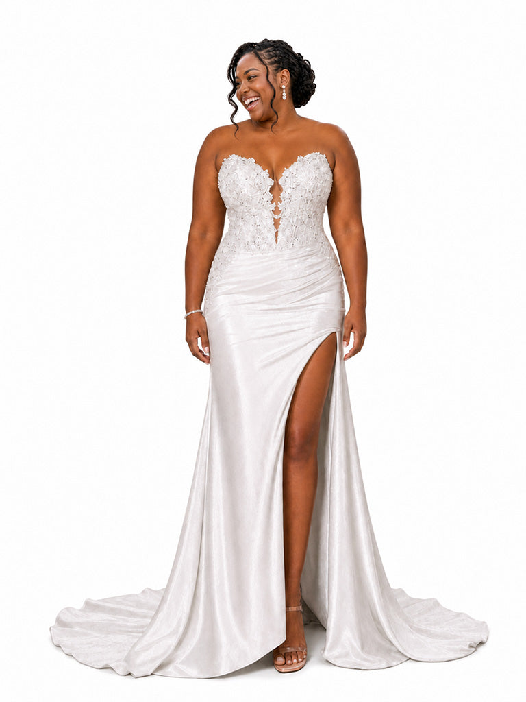 ChicSew Unique Sweetheart Mermaid Lace Appliques Side Slit Soft Satin Long Bridesmaid Dresses