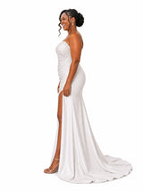 ChicSew Unique Sweetheart Mermaid Lace Appliques Side Slit Soft Satin Long Bridesmaid Dresses