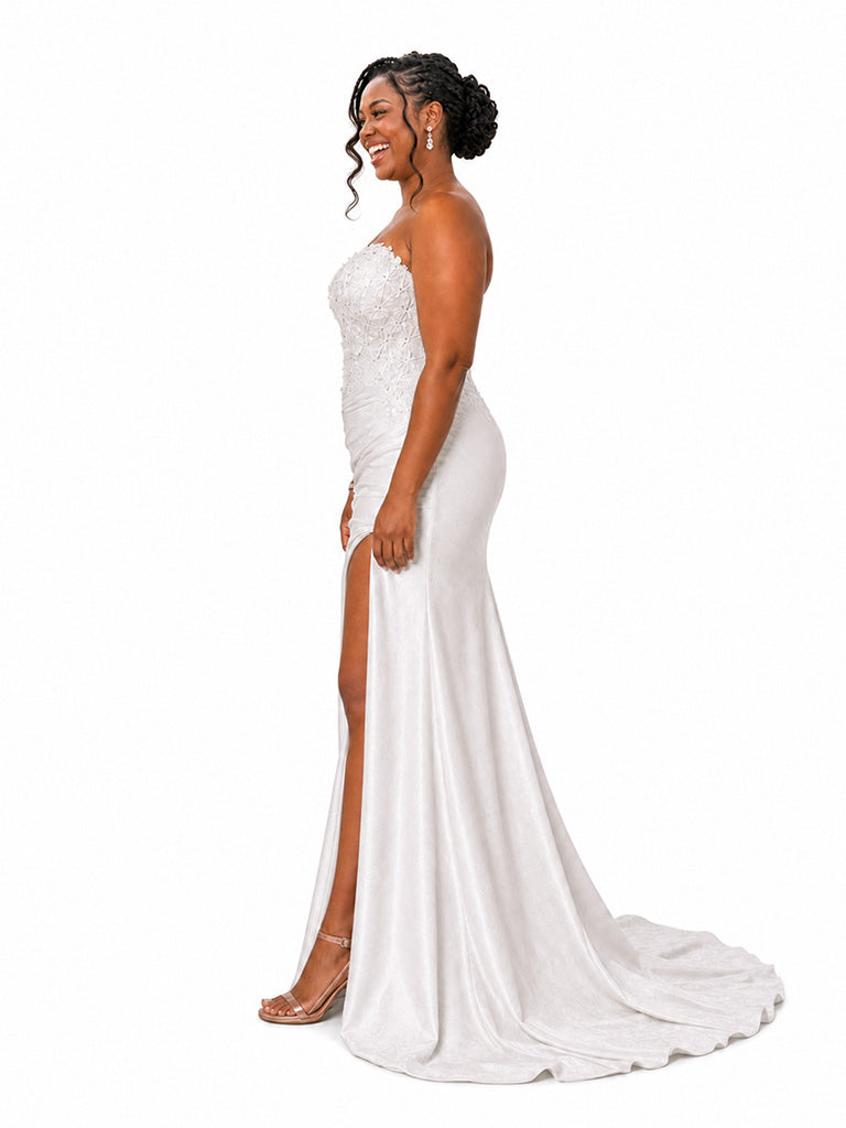 ChicSew Unique Sweetheart Mermaid Lace Appliques Side Slit Soft Satin Long Bridesmaid Dresses