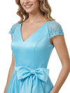 Charming V-Neck Cap Sleeve Tea-Length With Tulle Floral Detail Pretty Formal Mother of The Bride Satin Gown