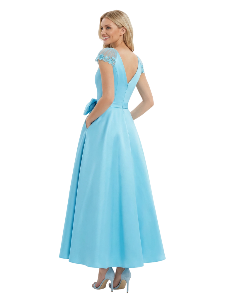 Charming V-Neck Cap Sleeve Tea-Length With Tulle Floral Detail Pretty Formal Mother of The Bride Satin Gown