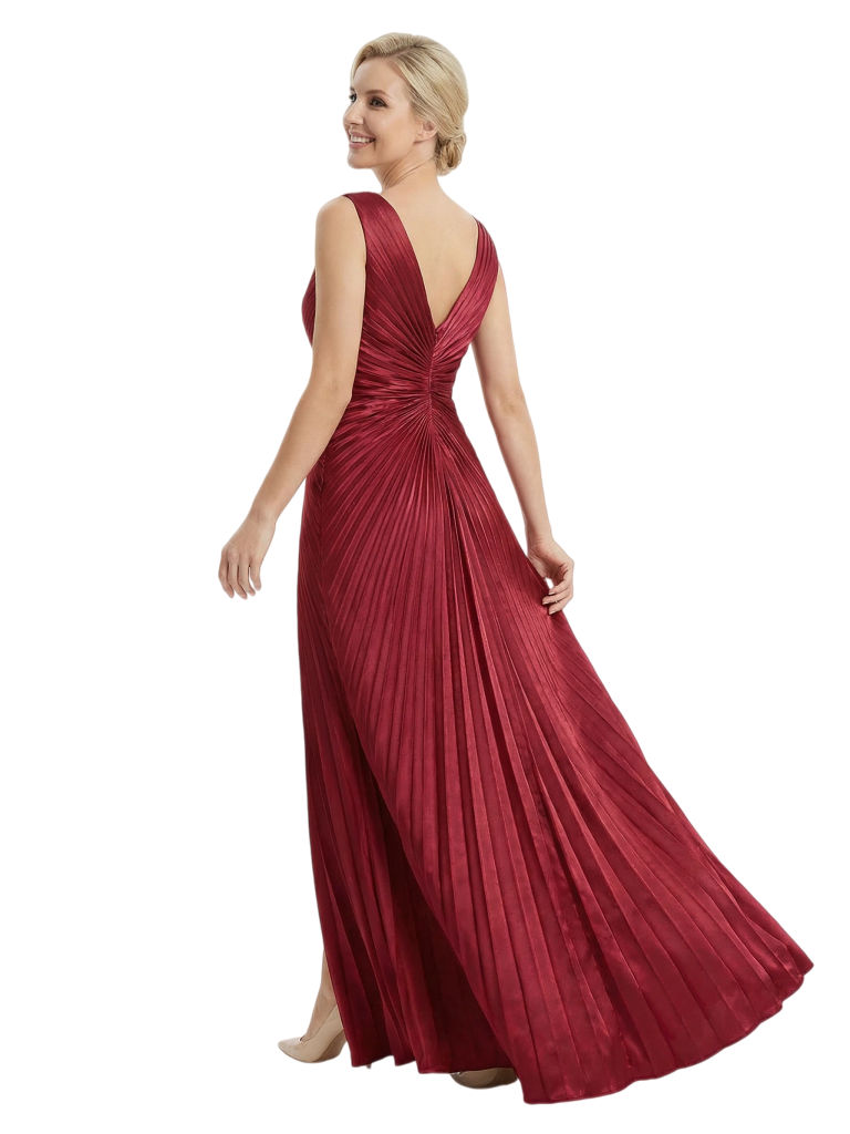 Chic Mother of The Groom Satin Gown Sleeveless Deep V-Neck Floor-Length With Crystal Accent Formal Wedding Attire for Moms