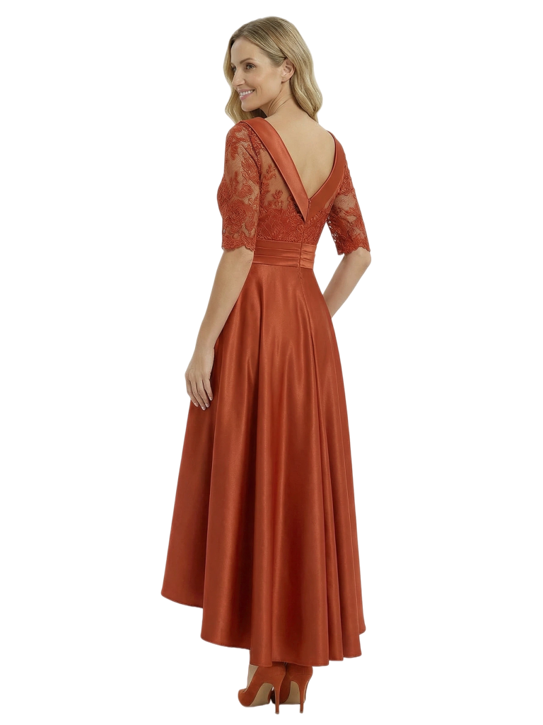 Elegant Mother of The Bride Satin Gown Boat Neck Half Lace Sleeve High Low Hem Formal Wedding Dress for Moms